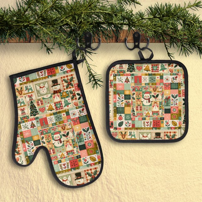 Set De Manoplas Cute Quilt Patchwork Christmas (Oven mitt and pot holder set featuring a retro quilt or patchwork design with a Christmas theme)