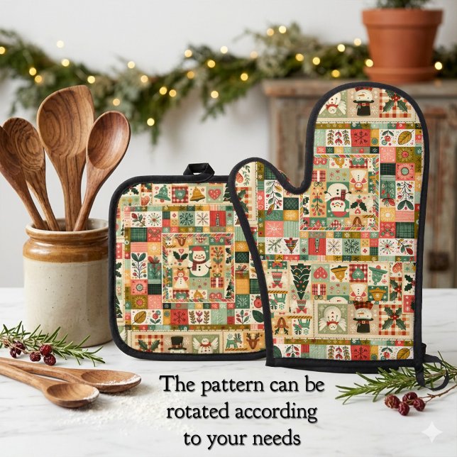 Set De Manoplas Cute Quilt Patchwork Navidad (Oven mitt and pot holder set featuring a retro quilt or patchwork design with a Christmas theme)