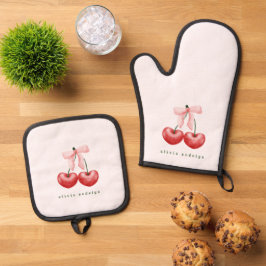 Set De Manoplas Cute Rojo y Rosa Corazón de Cereza Lazo 