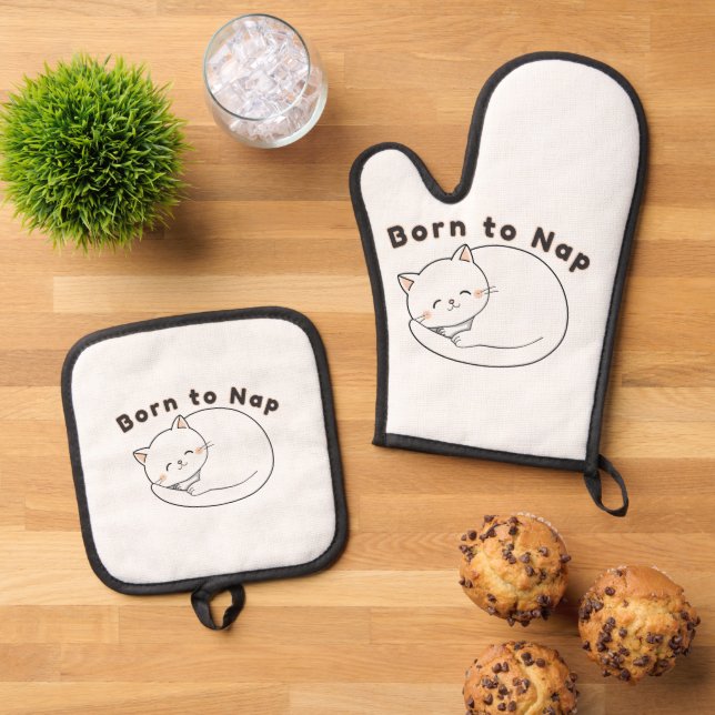 Set De Manoplas Cute Sleepy Cat “Born to Nap” Line Art Design (De arriba hacia abajo)
