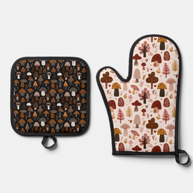 Set De Manoplas Cute Woodland Mushroom Pattern Hot Pot Holders (Anverso)