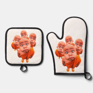 Set De Manoplas Cute Young Monk Minimalista Túnica Naranja