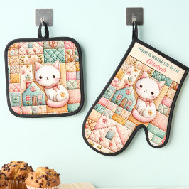 Set De Manoplas Cuto Cat Home Parchwork Cosy Pastel Nombre persona