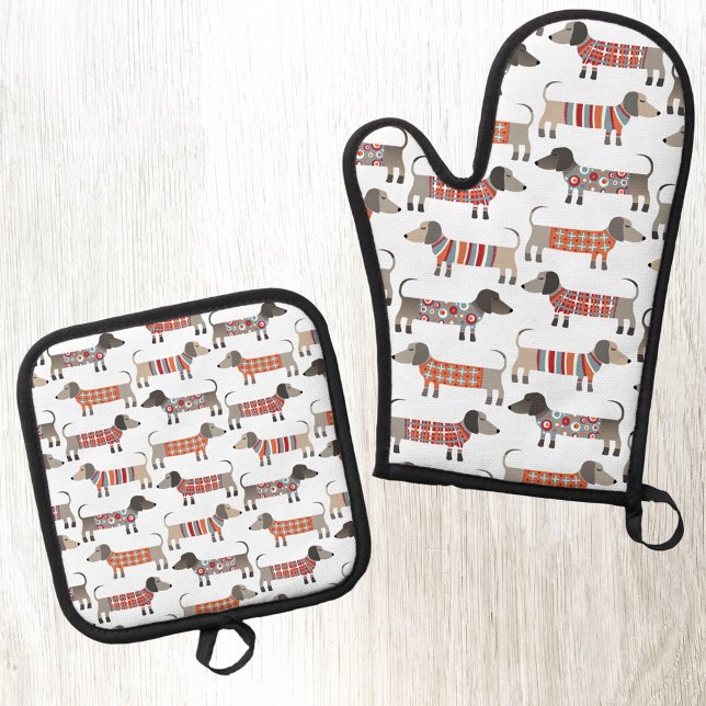 Set De Manoplas Dachshund Wiener Sausage Dog (Fun Dachshund Wiener Sausage Dog pattern kitchen oven glove or mitt and pot holder)
