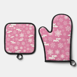 Set De Manoplas Dachshund y copo de nieve Navidad Rosa