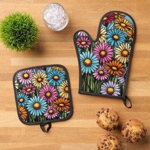 Set De Manoplas Daisies vibrantes bohemias - Aspecto de vidrio man
