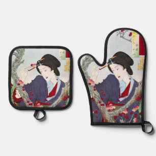 Set De Manoplas Dama japonesa de chinoiserie y flor de cerezo roja