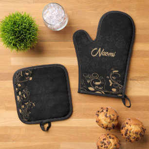 Set De Manoplas Damasco floral de color negro y dorado
