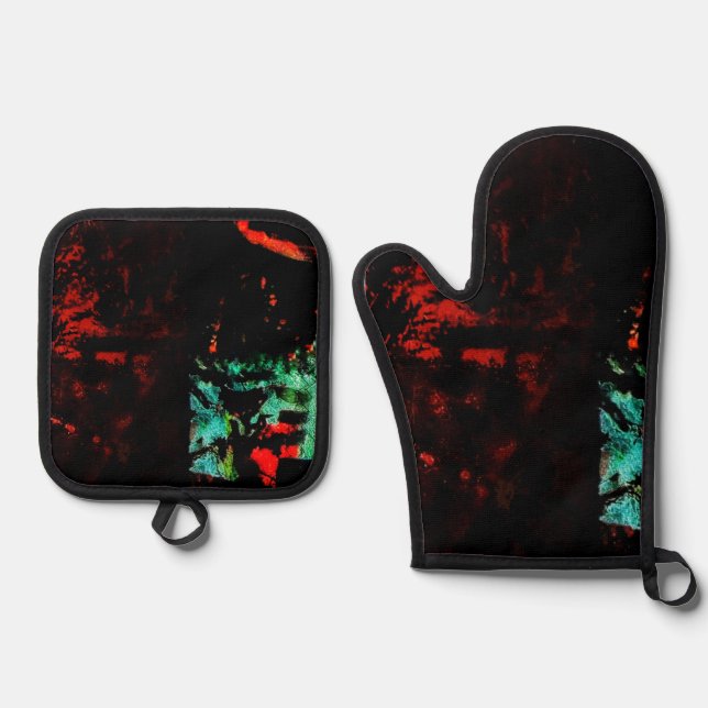 Set De Manoplas Dark abstract autumn pot holder and oven mitt,Bold (Anverso)