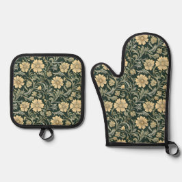 Set De Manoplas Dark green stylized yellow flowers  pattern 