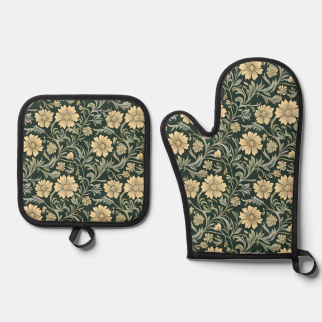 Set De Manoplas Dark green stylized yellow flowers  pattern  (Anverso)