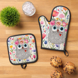 Set De Manoplas Darling Pink Crown Floral Owl