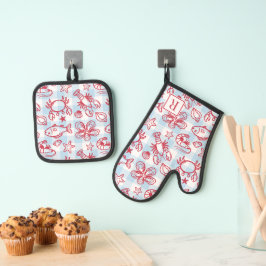 Set De Manoplas Decoración de cocina gingham de mariscos costeros