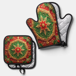Set De Manoplas Decoración Verde Rojo