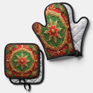 Set De Manoplas Decoración Verde Rojo