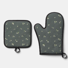 Set De Manoplas Deep Charcoal Japanese Snowdrop Floral Pattern