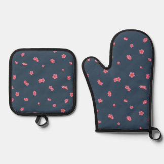 Set De Manoplas Deep Navy Japanese Red Plum Blossom Floral Pattern