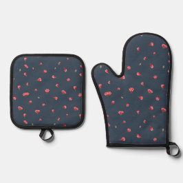 Set De Manoplas Deep Navy Japanese Red Tulip Floral Pattern