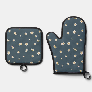 Set De Manoplas Deep Slate Blue White Plum Blossom Floral Pattern