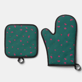Set De Manoplas Deep Teal Japanese Deep Pink Cosmos Floral Pattern