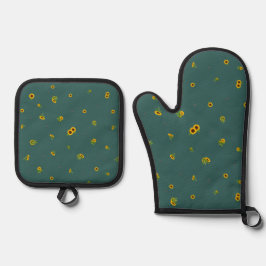 Set De Manoplas Deep Teal Japanese Sunflower Floral Pattern