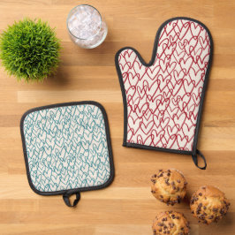 Set De Manoplas Delantal de cocina con patrón de corazones de líne