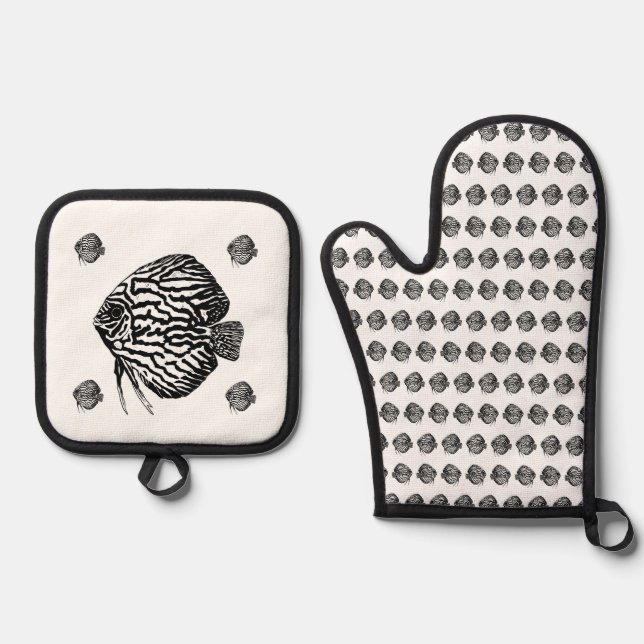 Set De Manoplas Delantal de Pescado Monocromo (Anverso)