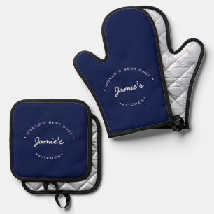 Set De Manoplas Delantal Personalizado Azul Marino Mejor Chef del