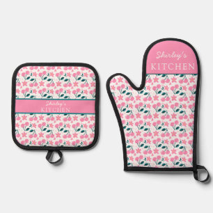 Set De Manoplas Delantal Personalizado de horno rosa cereza Nombr