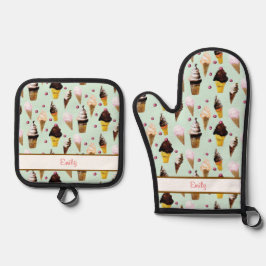 Set De Manoplas Delantal Personalizado Verde Retro de Heladería