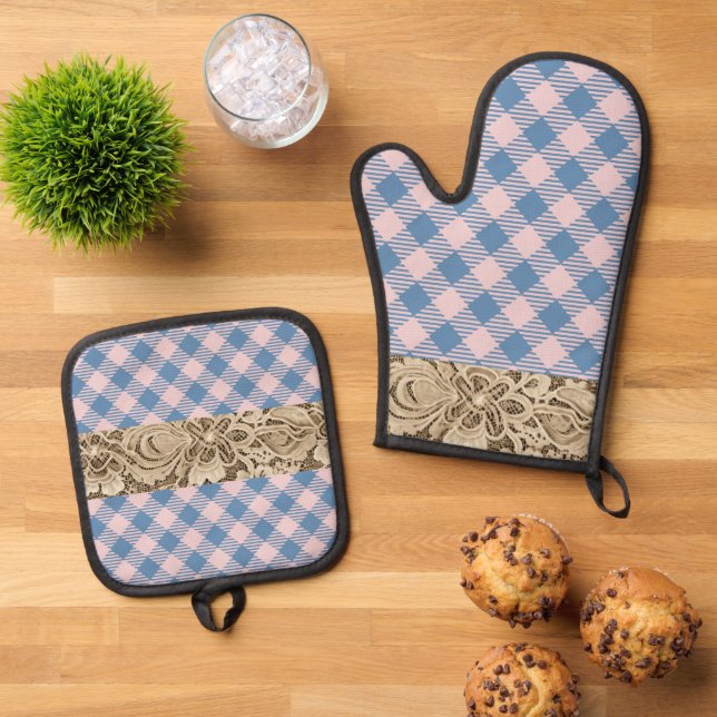 Set De Manoplas "Denim Blue, Pearly Pink" Gingham & Lace (De arriba hacia abajo)