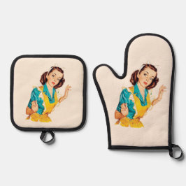 Set De Manoplas Día de horneado de 1950 Mujer vintage con delantal