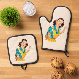 Set De Manoplas Día de horneado de 1950 Mujer vintage con delantal
