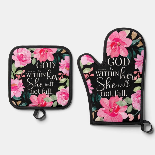 Set De Manoplas Dios está dentro de ella - Salmo 46:5 Floral rosa (Anverso)