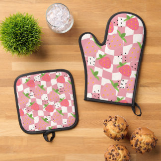 Set De Manoplas Diseño a cuadros de fresas de cocina rosa Guay