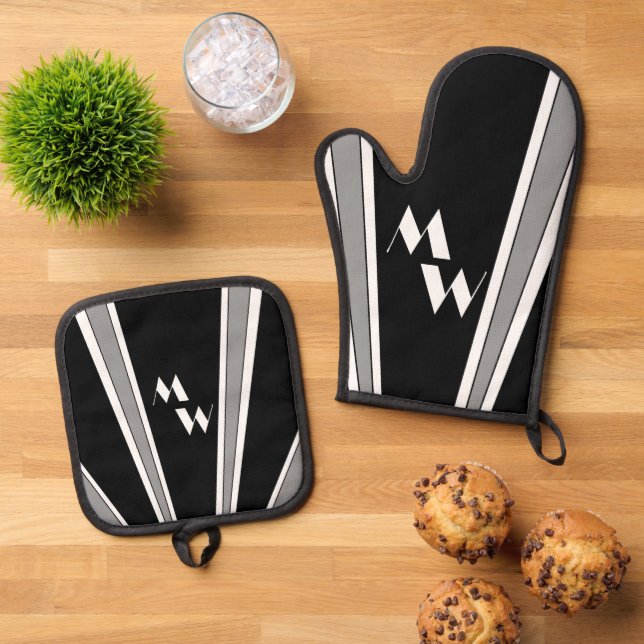 Set De Manoplas Diseño Art Déco Negro y Gris Monogramado (De arriba hacia abajo)
