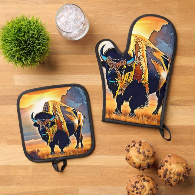 Set De Manoplas Diseño artístico de Sunset Mountain Bison (De arriba hacia abajo)
