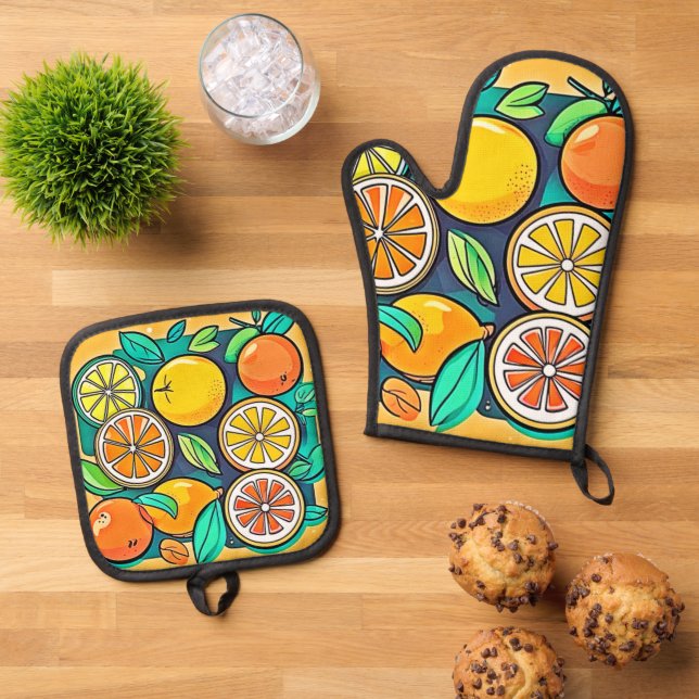 Set De Manoplas Diseño de Arte de Frutas Cítricas (De arriba hacia abajo)