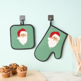 Set De Manoplas Diseño de chequeos de Gingham verdes en Santa