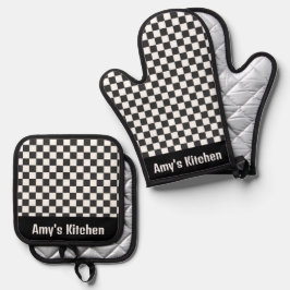 Set De Manoplas Diseño de cheques de Gingham en blanco negro