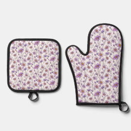 Set De Manoplas Diseño de patrón botánico de flor silvestre púrpur