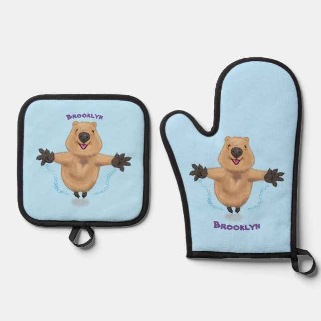 Set De Manoplas Diseño de personalizados de quokka saltando feliz (Anverso)