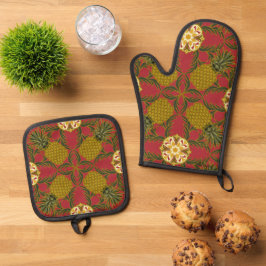 Set De Manoplas Diseño de Piña en Fondo Rojo