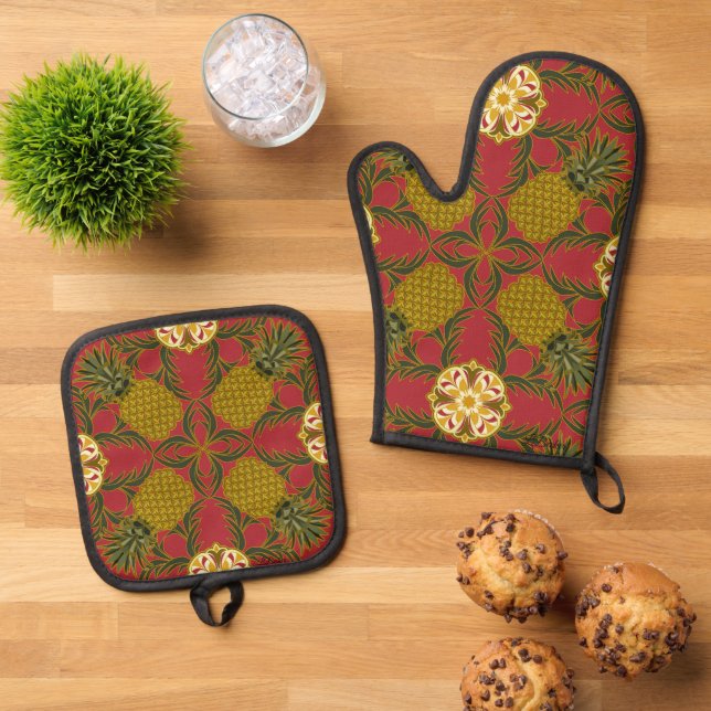Set De Manoplas Diseño de Piña en Fondo Rojo (De arriba hacia abajo)