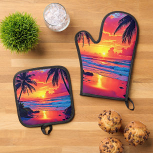 Set De Manoplas Diseño del paraíso tropical del atardecer