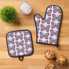 Set De Manoplas Diseño del patrón de mariposa de vidrio rosado de