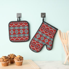 Set De Manoplas Diseño geométrico rojo y turquesa de las mesas del