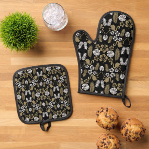 Set De Manoplas Dorado Floral Tropical Patterado