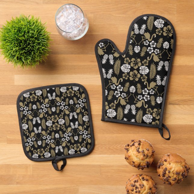 Set De Manoplas Dorado Floral Tropical Patterado (De arriba hacia abajo)