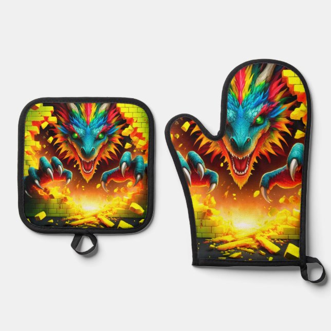 Set De Manoplas Dragon Oven Mitt y Pot Holders (Anverso)